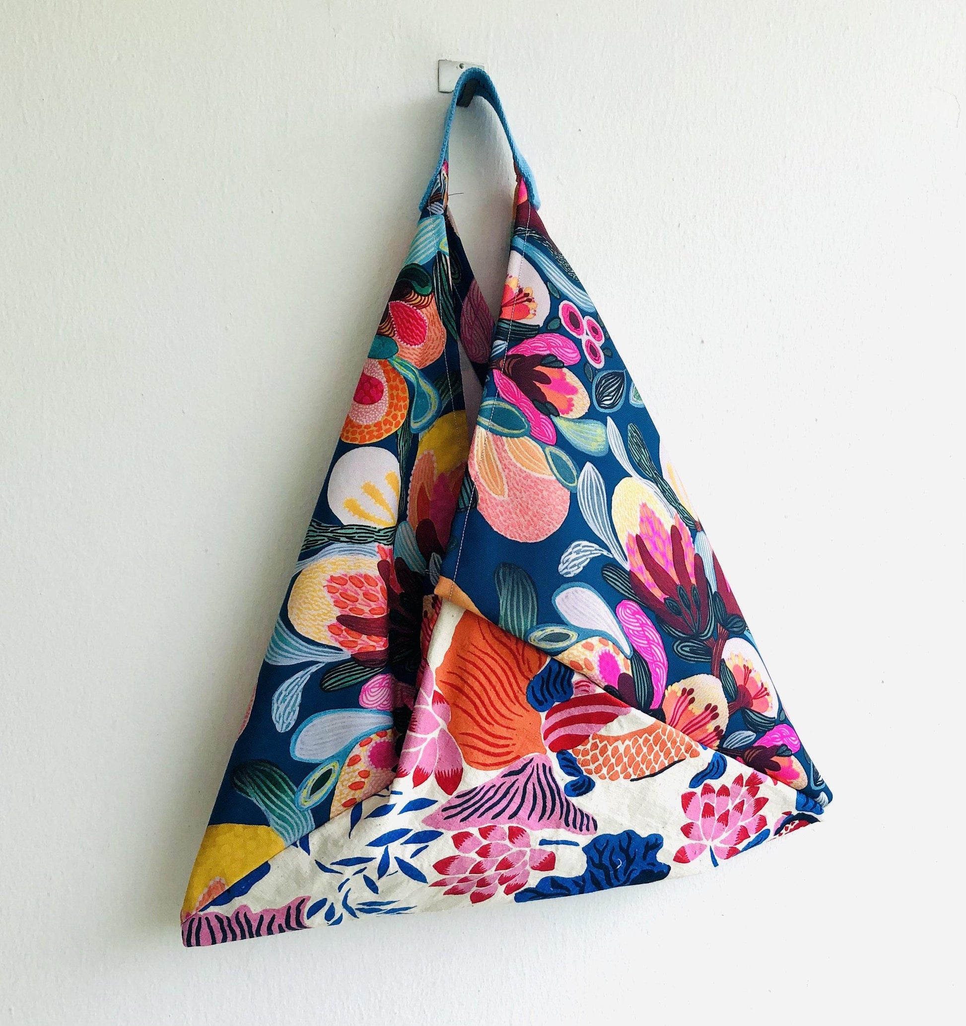 Origami bento bag , shoulder tote bag, handmade Japanese inspired bag | Beautiful garden and lotus pound with koi fish swimming - Jiakuma