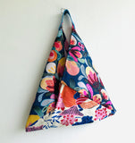 Origami bento bag , shoulder tote bag, handmade Japanese inspired bag | Beautiful garden and lotus pound with koi fish swimming - Jiakuma