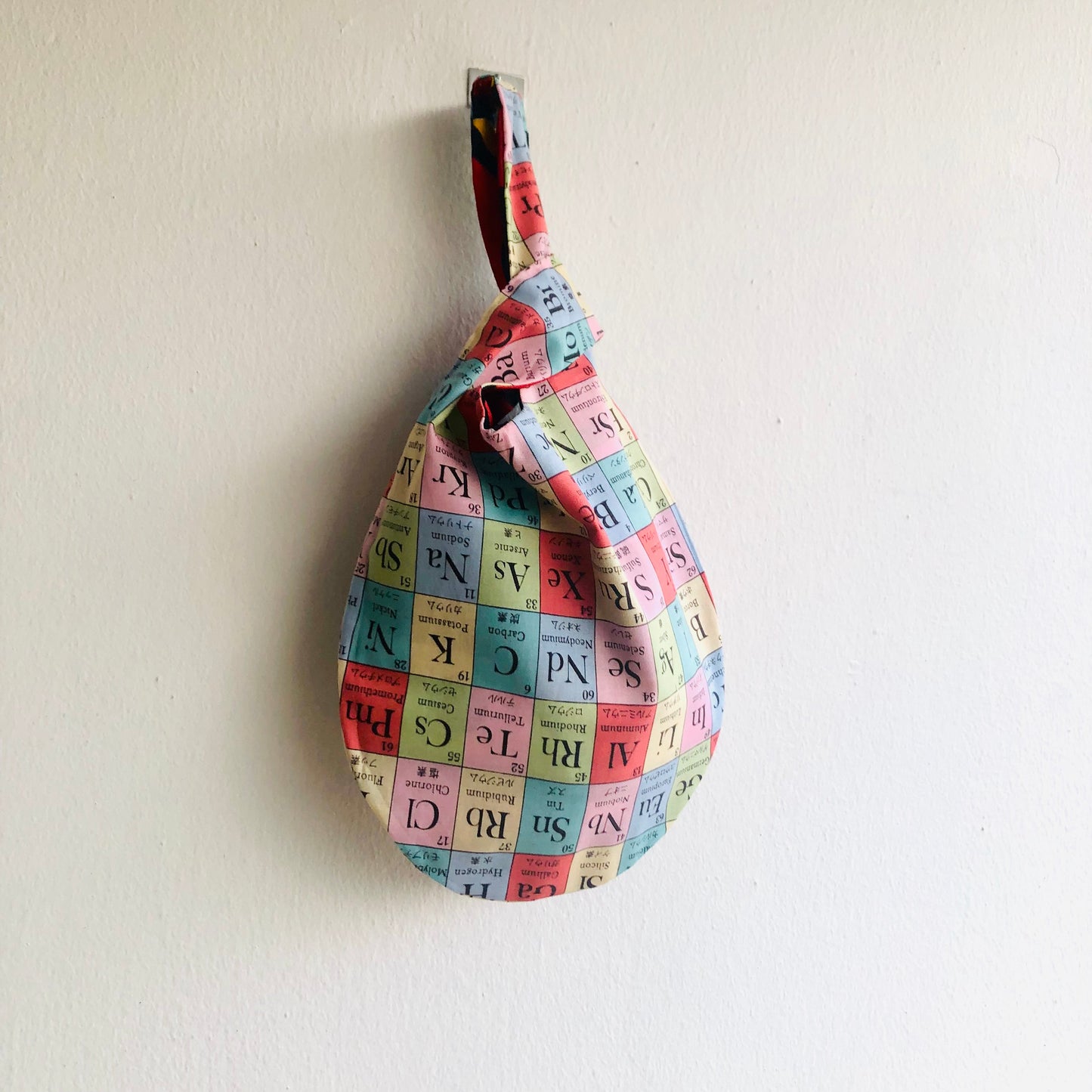 Wrist small bag , origami Japanese style knot bag , reversible fabric bag | The Periodic table