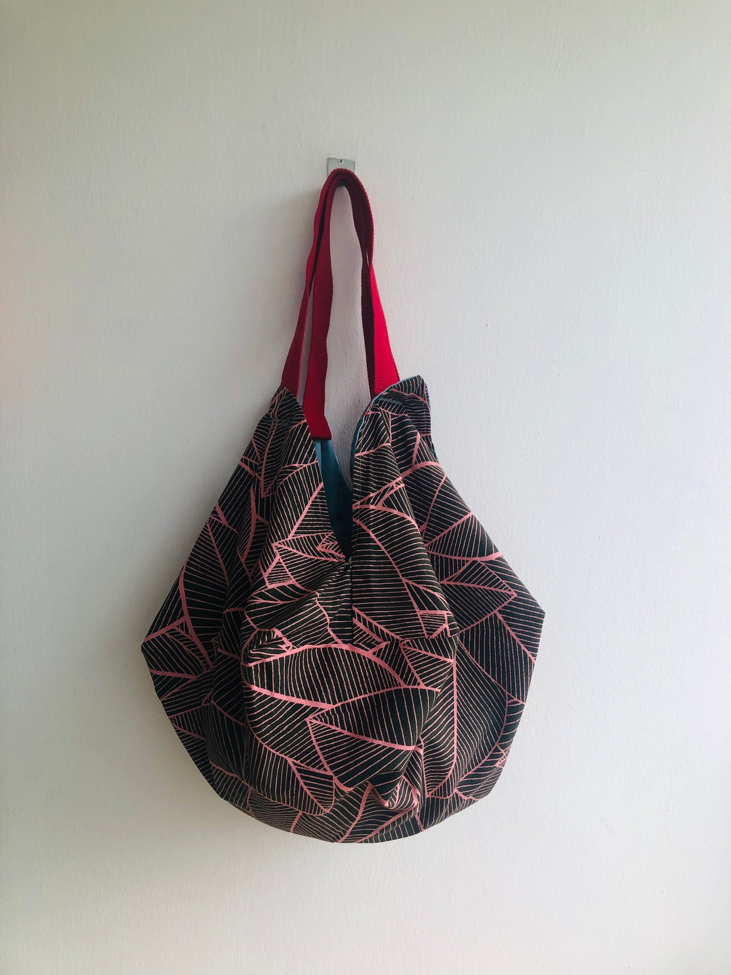 Origami shoulder bag , fabric sac reversible bag , handmade one of a kind Japanese inspired bag | Blue river with  red fish