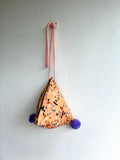 Origami dumpling bag , cute small triangle bag , pom pom fabric lunch bag , eco friendly easy to carry bag | Trencadis