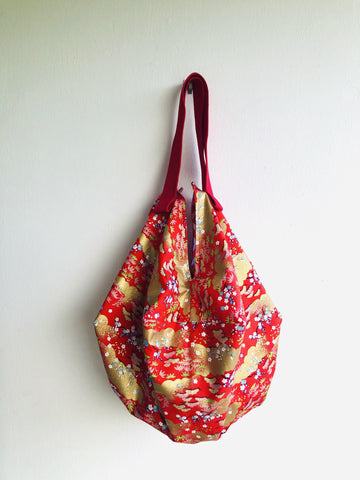 Origami shoulder bag , sac reversible fabric eco bag , colorful bag | Red & Gold - Jiakuma