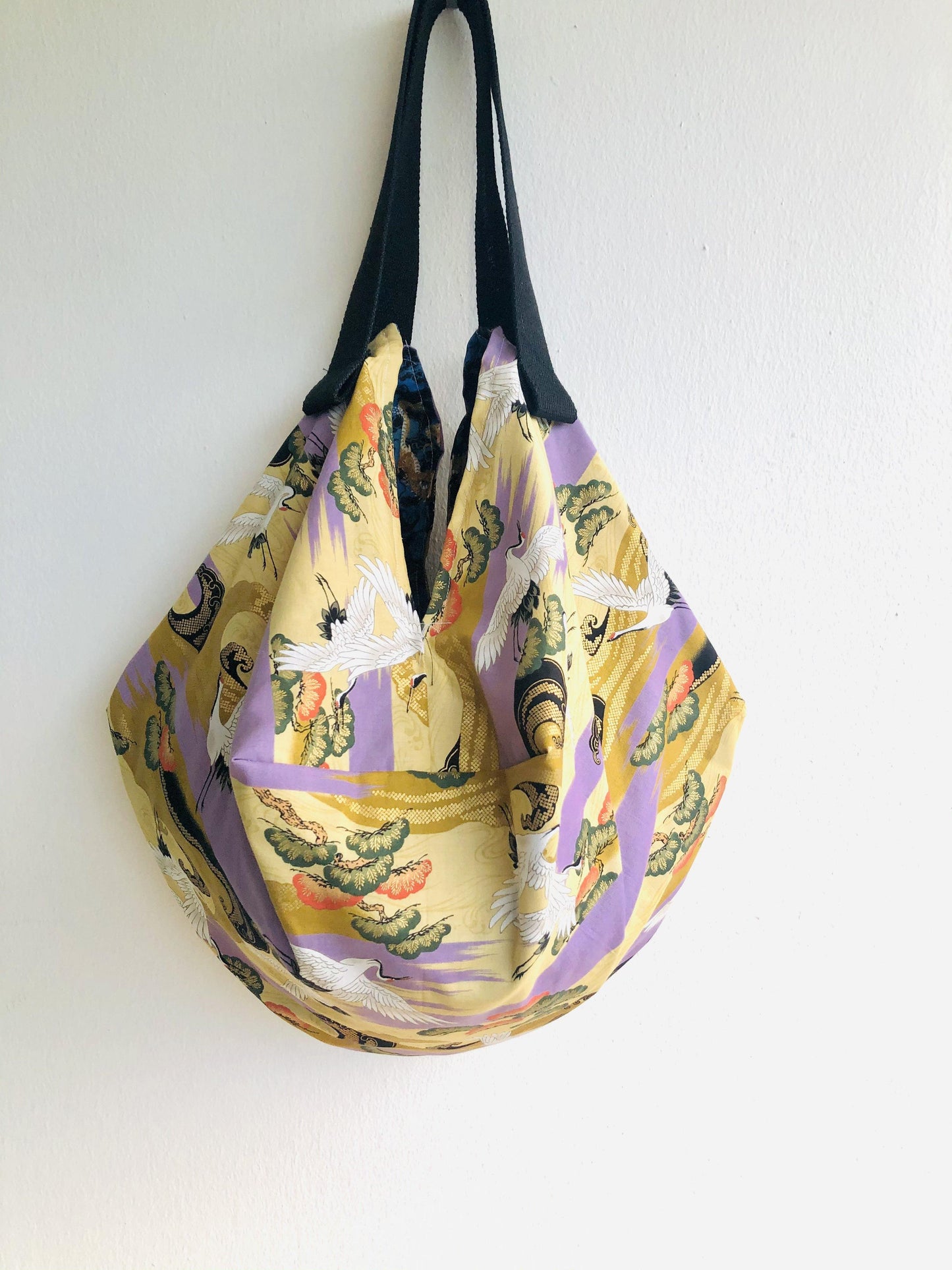 Japanese inspired sac bag , origami shoulder reversible bag , fabric handmade shopping eco bag | Golden cranes & dragons - Jiakuma