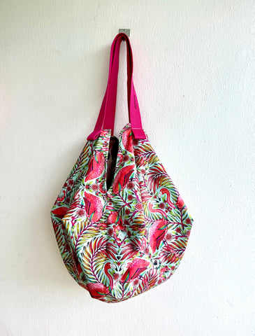 Origami shoulder sac bag , reversible flamingo print sac bag , Japanese inspired bag | Good vibes flamingos