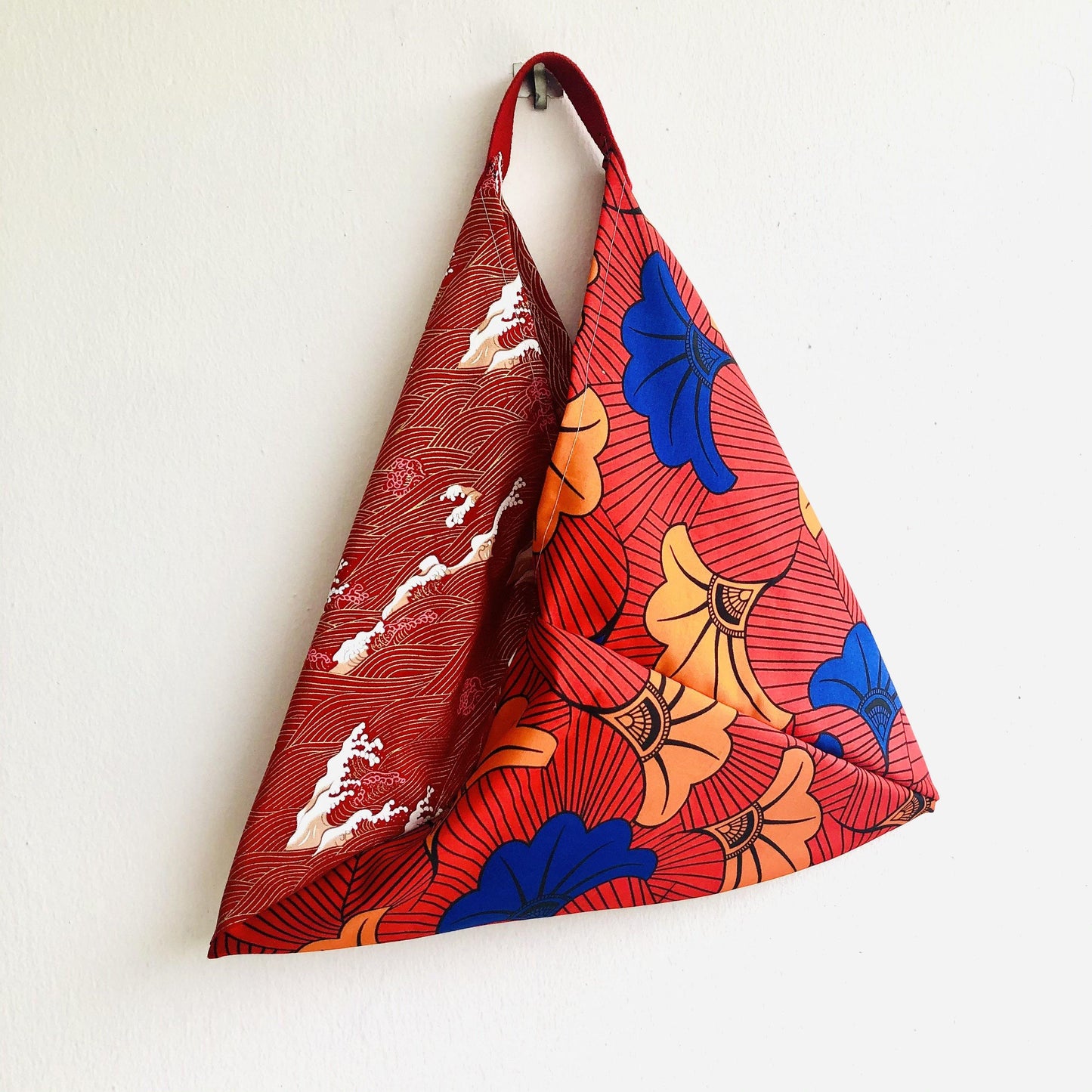 Origami tote bag , shoulder handmade eco bag , Japanese inspired triangle tote | Red sea waves in Japan  & red African flowers - Jiakuma