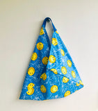Origami bento bag , triangle Japanese inspired tote bag , handmade eco friendly bag | Smiley