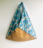 Shoulder bento origami bag , eco friendly cork tote bag | Blue crane & cork with golden powder - Jiakuma