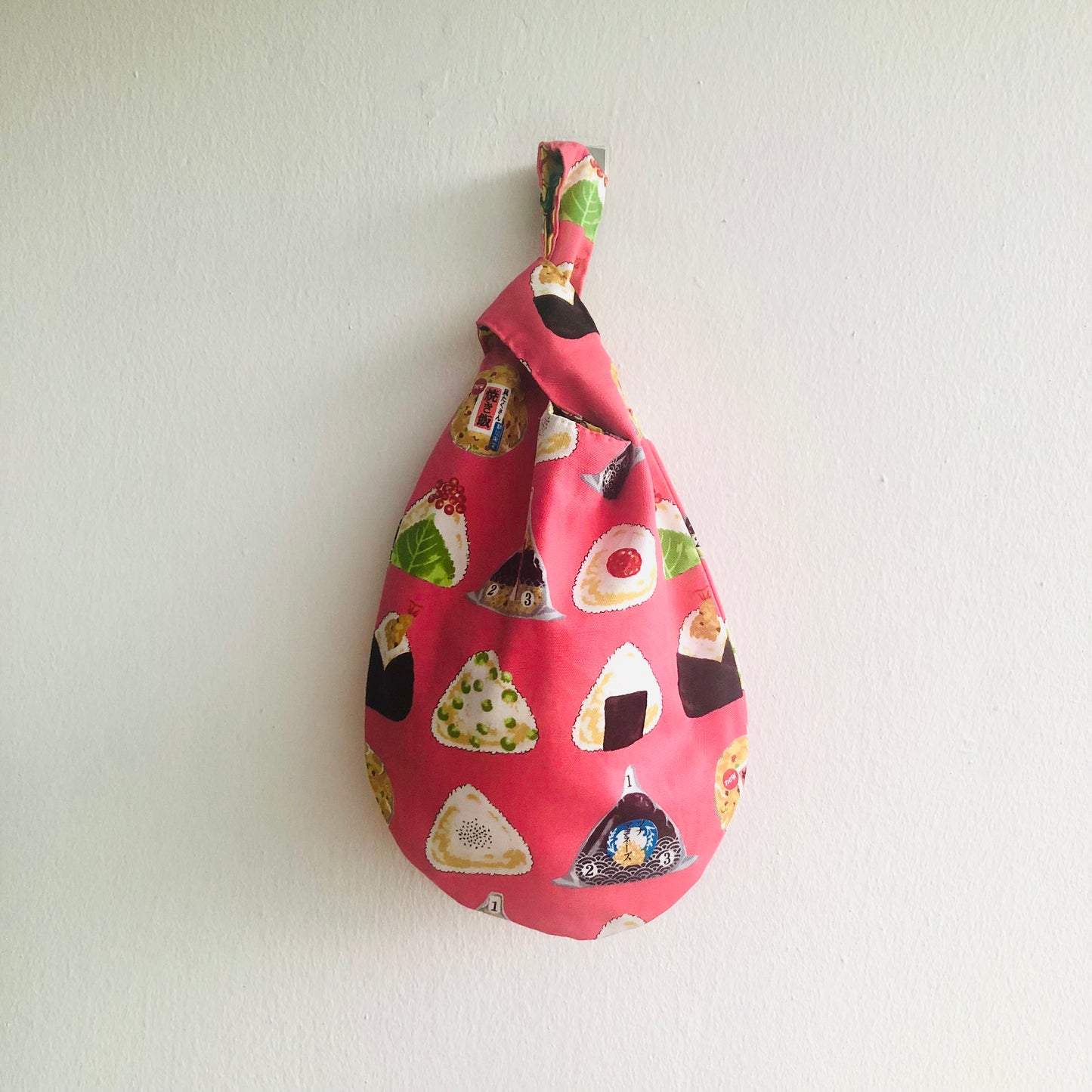 Small Japanese inspired bag , wrist knot fabric bag , reversible handmade cute bag | Onigiri