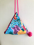 Origami cute small bag , pom pom shoulder eco bag , silk print fabric bag , colorful origami dumpling bag | Blue cerulean from the water Lilly pond - Jiakuma