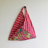 Red shoulder tote bag , handmade origami bento bag , eco shopping bag | Red tropical garden & block print - Jiakuma