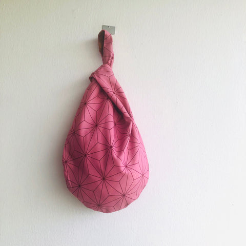 Origami knot bag , small Japanese inspired wrist bag , reversible fabric bag | Japanese stars over an autumn landscape