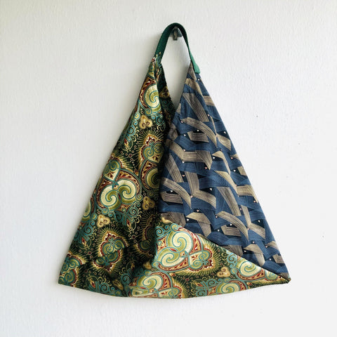 Bento tote bag , origami triangle shoulder bag , Japanese inspired bag | Golden Japanese flags & green art nouveau designs - Jiakuma