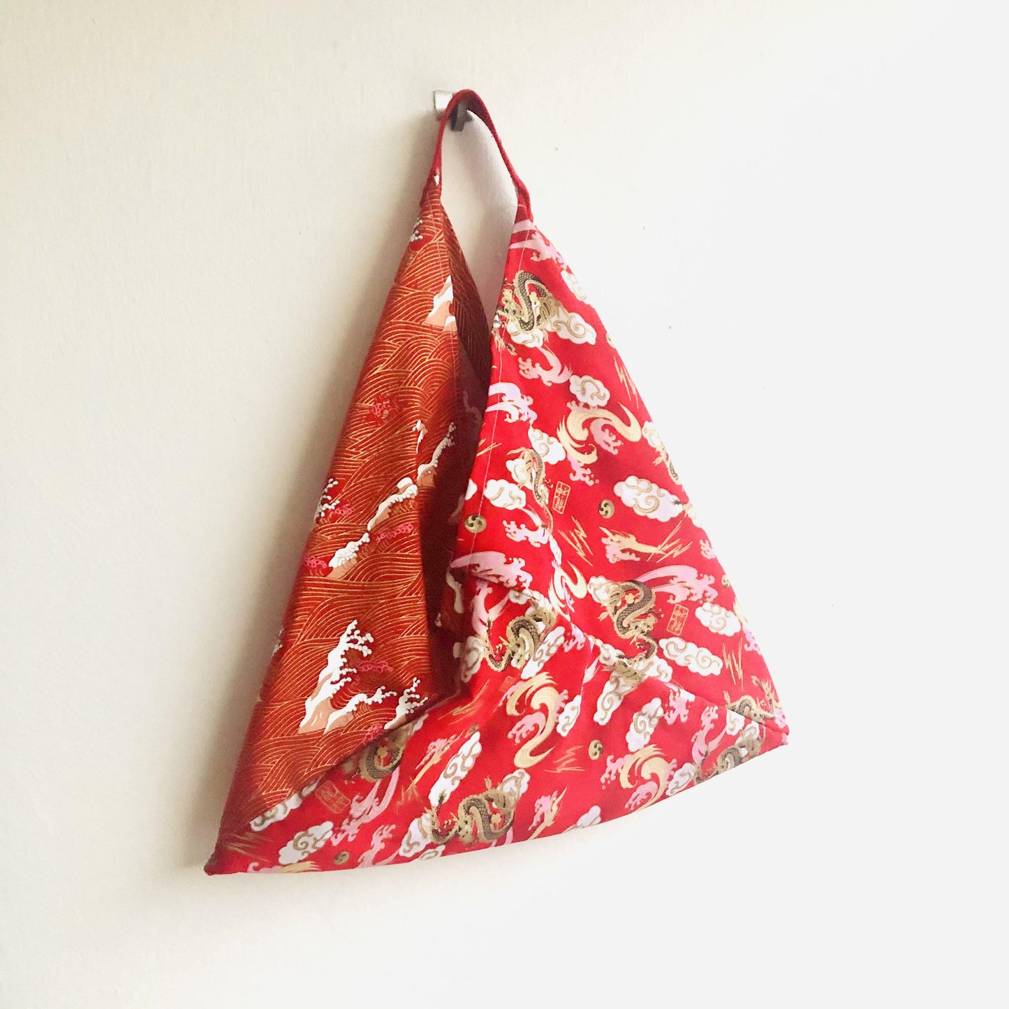 Triangle shoulder tote bag , colorful red bento bag , origami tote bag |Auspicious Dragons flying over a red sea with golden waves - Jiakuma