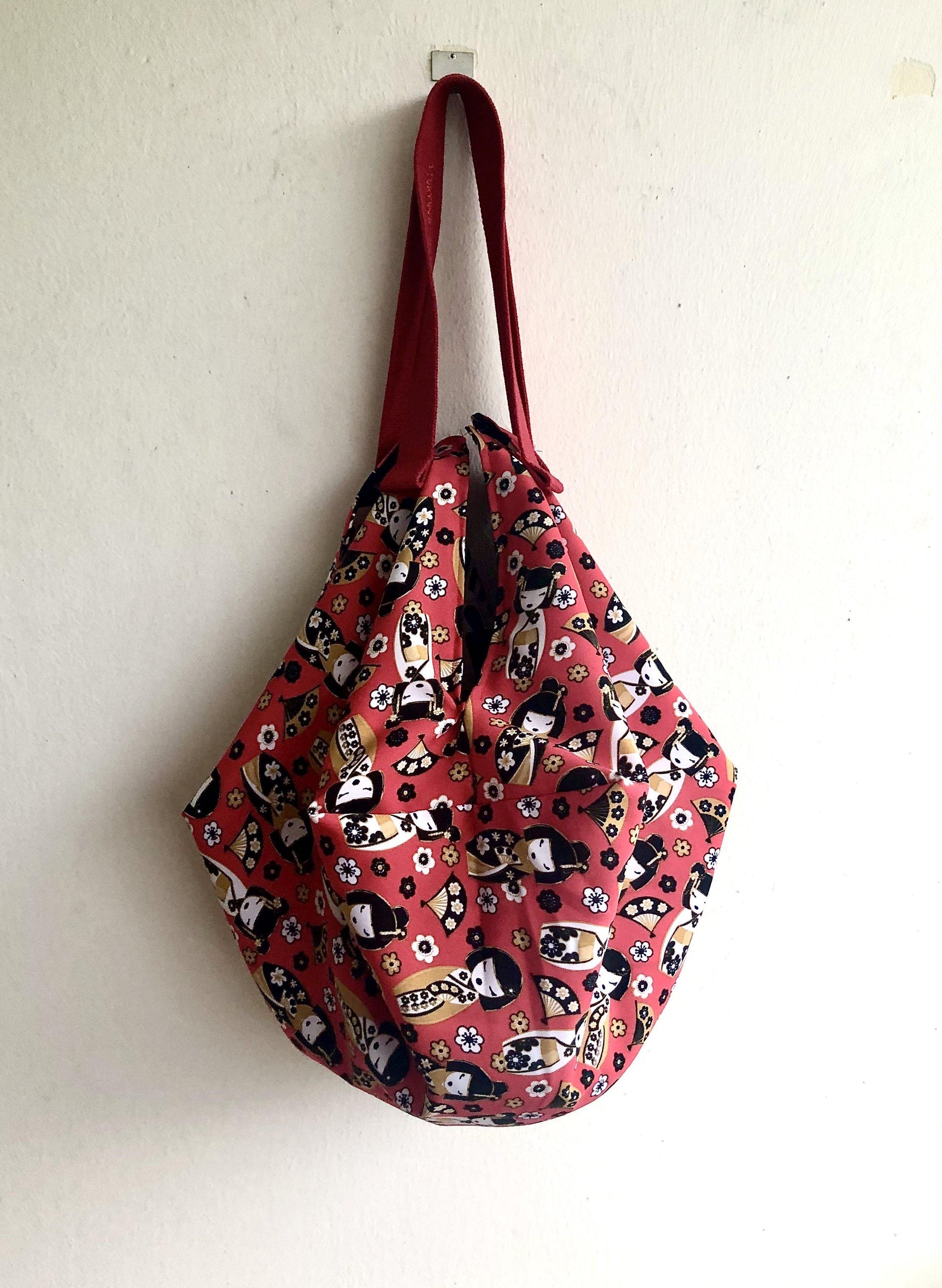 Origami sac reversible bag , two bags in one , eco friendly cool bag | red Kokeshi - Jiakuma