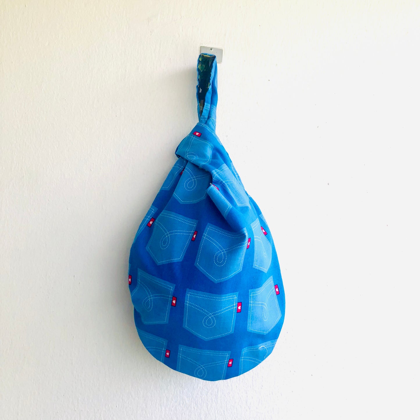 Small knot origami bag , cute wrist fabric bag , reversible eco friendly small bag | I love my jeans