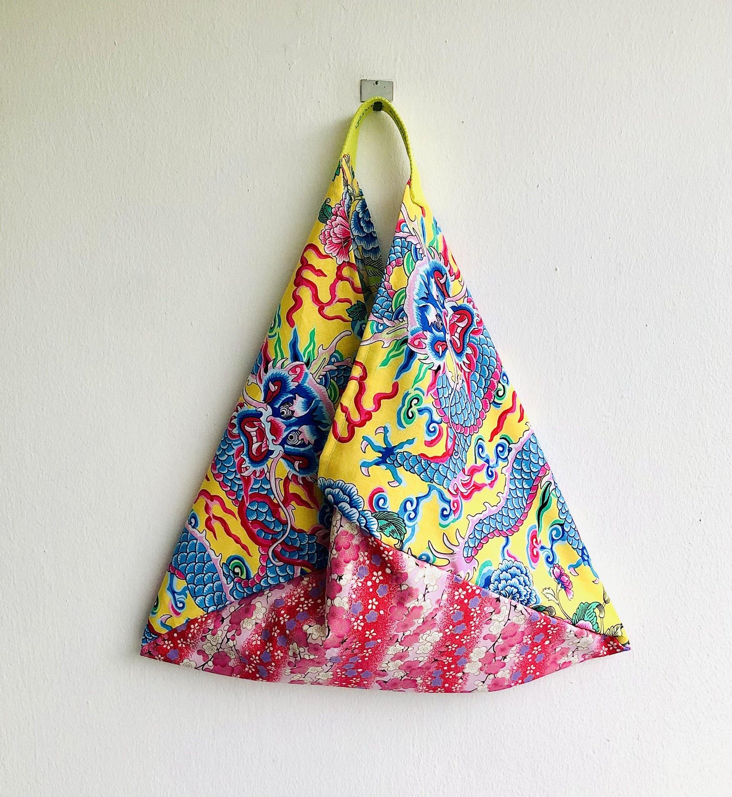 Origami bento bag , tote shoulder bag , fabric triangle bag , shopping bag | Yellow lucky dragon & Japanese cherry blossoms - Jiakuma