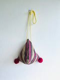 Origami dumpling bag , fabric triangle small bag , Pom Pom cook bag , eco friendly cross body bag | Woven