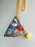 Origami triangle small bag , colorful pom pom fabric bag , cute lunch Japanese inspired bag | Sicilia