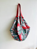 Origami sac bag , reversible colorful shoulder bag , Japanese inspired fabric sac bag | Cockatoos flying to a beautiful flower garden