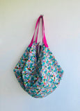 Origami sac bag , reversible fabric bag , shoulder tote bag , colorful eco shopping bag | Love birds flying over a garden with hidden horses