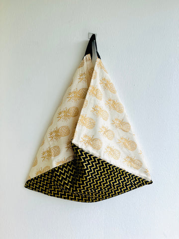 Origami tote bag , shoulder bento bag , handmade triangle Japanese inspired bag | Golden pineapples