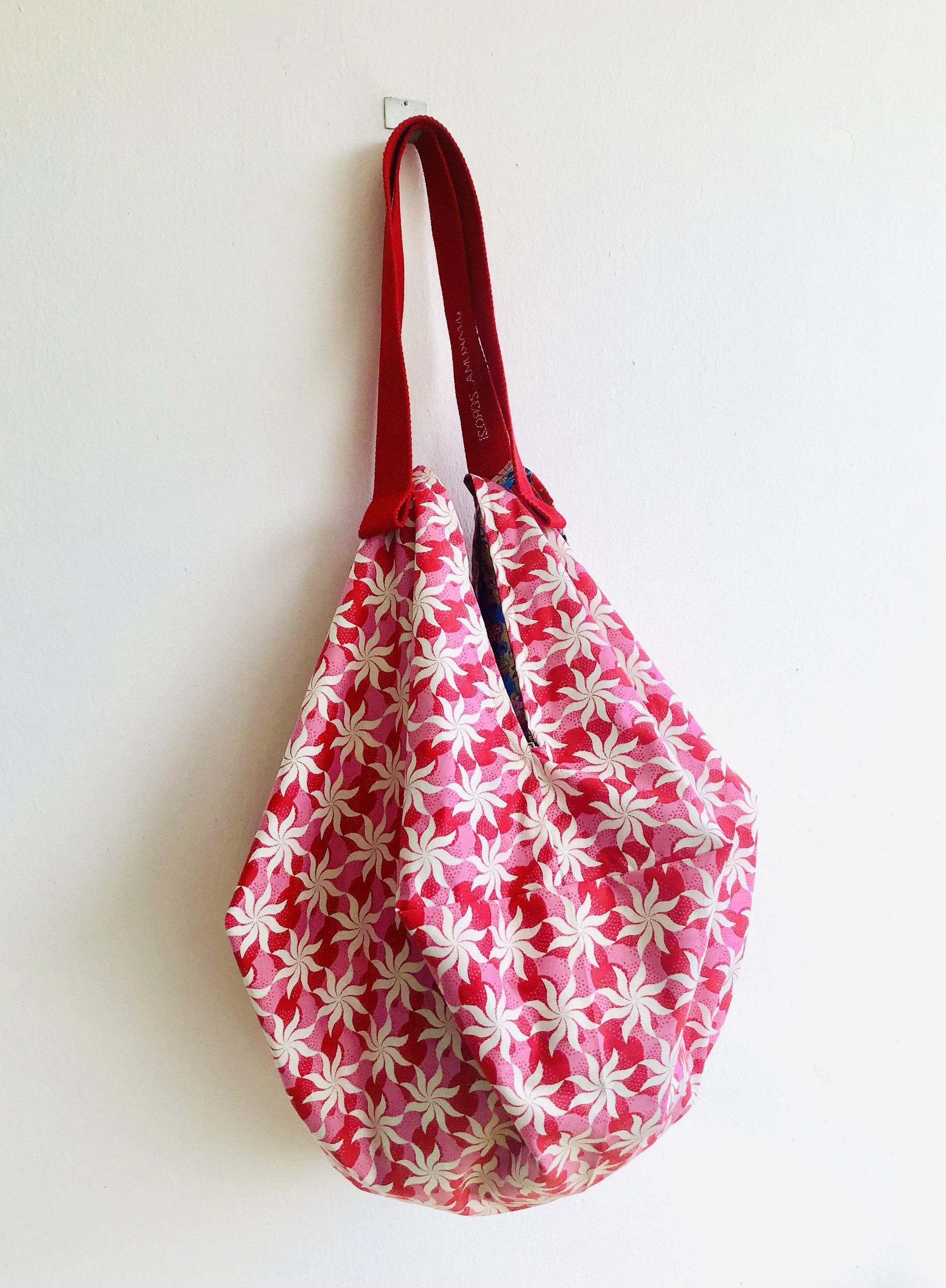 Origami sac shoulder bag , reversible Japanese inspired fabric bag | Sea stars and Japanese flower universe - Jiakuma