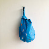 Origami knot bag , small wrist Japanese inspired bag, handmade reversible bag | Blue leopards