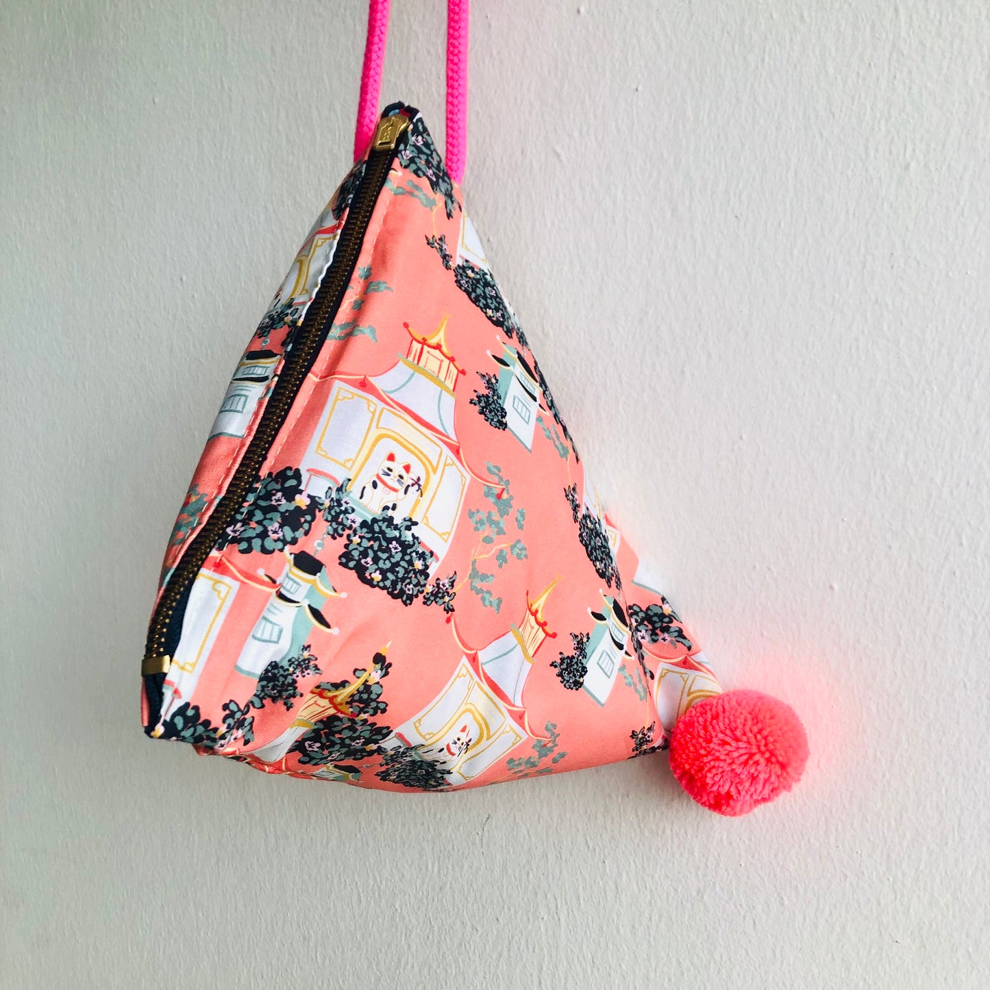 Origami triangle small bag , pom pom fabric bag , eco friendly bag | Cats under the pagodas