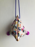 Cute pom pom bag , triangle origami cross body bag ,dumpling fabric bag | Bubble tea & pom poms - Jiakuma