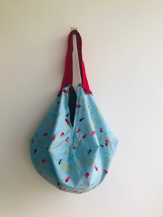 Origami shoulder bag , fabric sac reversible bag , handmade one of a kind Japanese inspired bag | Blue river with red fish - Jiakuma