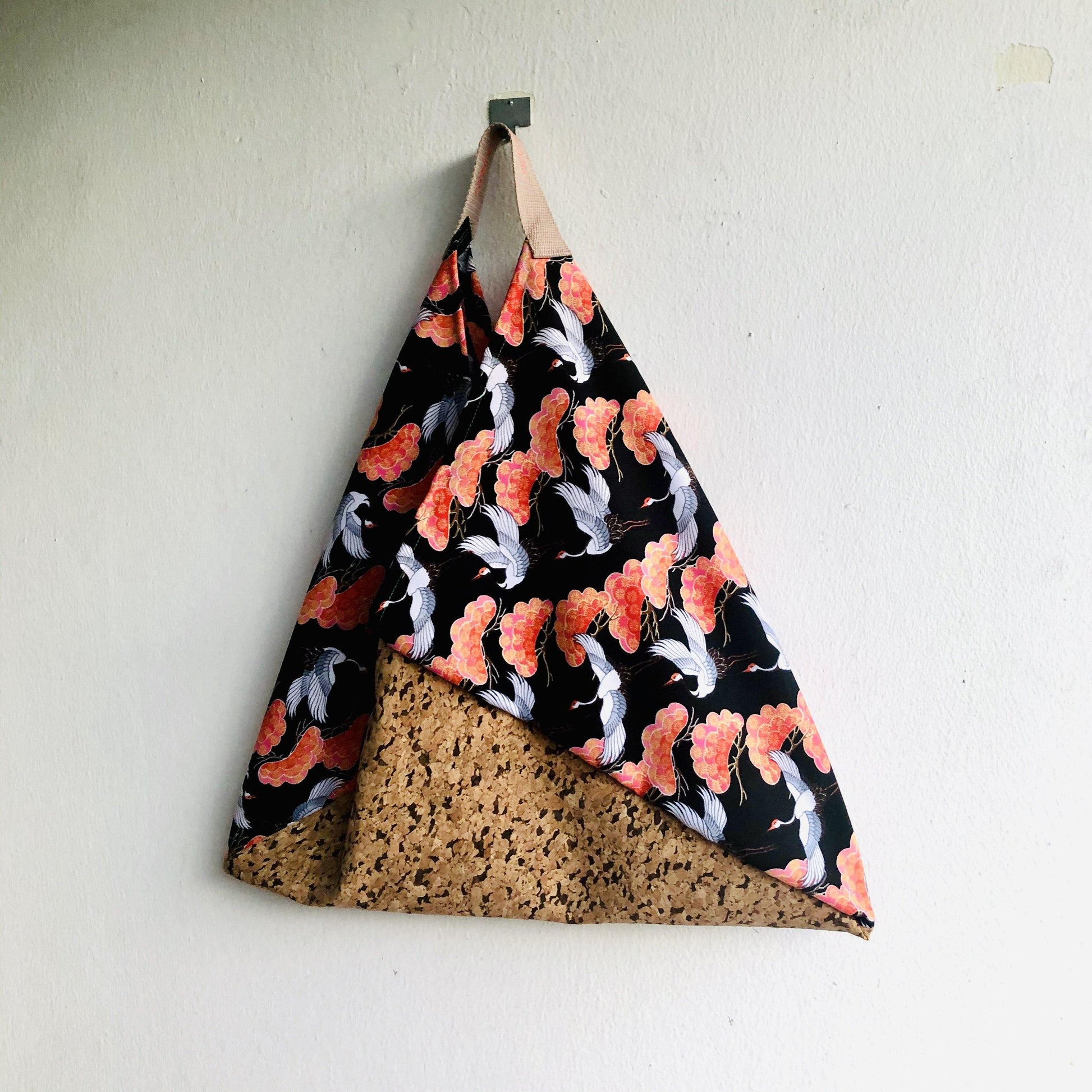 Origami bento bag , shoulder Japanese inspired bag l Orange clouds, cranes & cork - Jiakuma