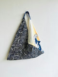 Origami tote bag , fabric shoulder triangle bag , Japanese inspired bag , origami Japanese print bag | “ Japan waves”
