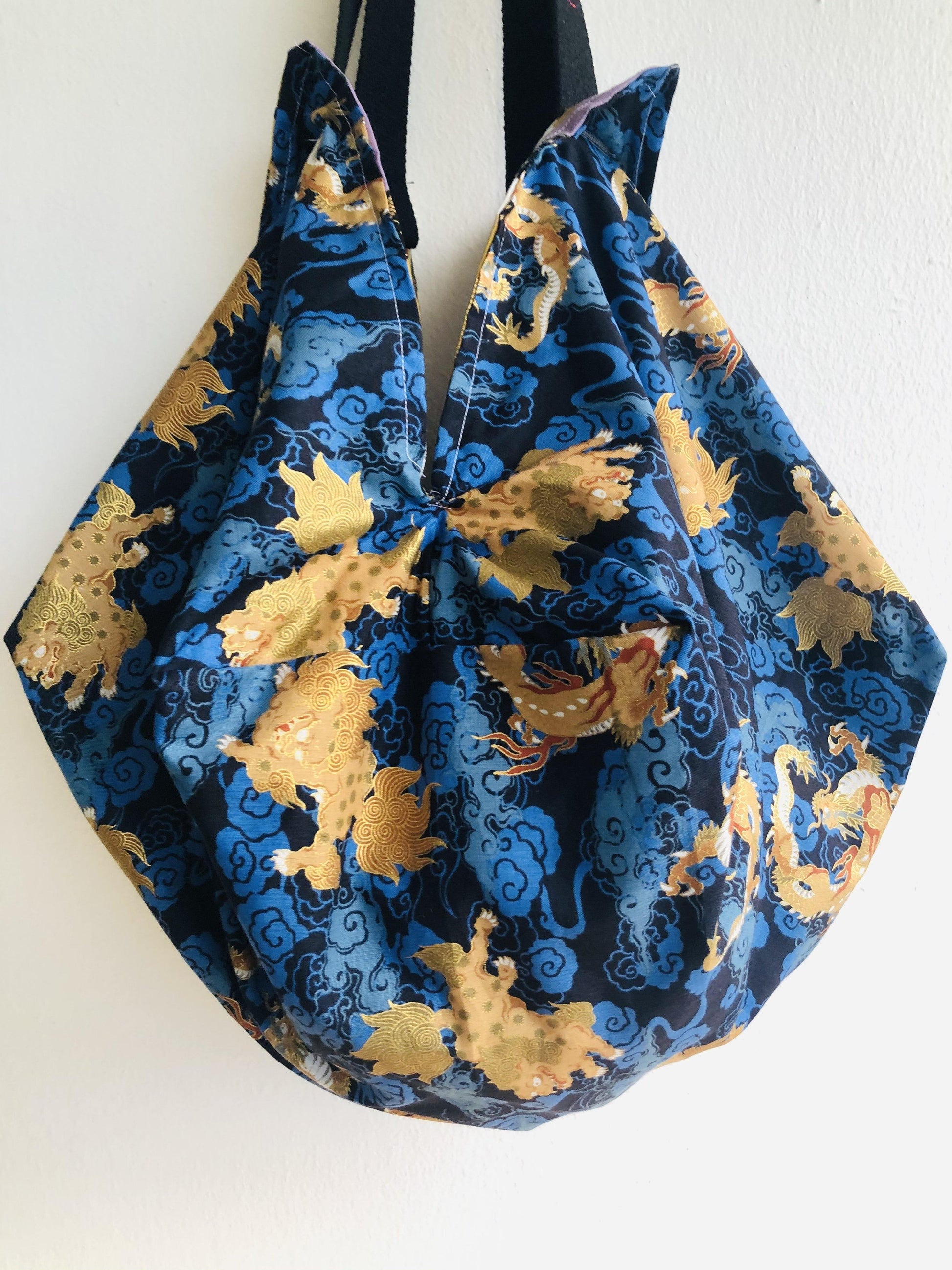 Japanese inspired sac bag , origami shoulder reversible bag , fabric handmade shopping eco bag | Golden cranes & dragons - Jiakuma