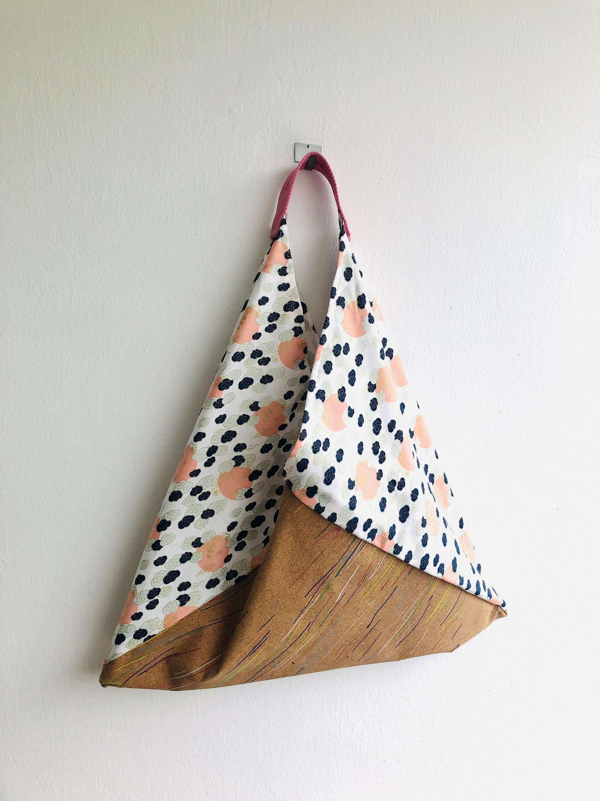 Shoulder tote bag , origami bento bag , handmade sustainable triangle bag | Japanese clouds & cork lines - Jiakuma