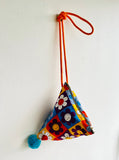 Origami dumpling bag , triangle cross body small bag , pom pom colorful bag , colorful gift idea | Margaritas felices