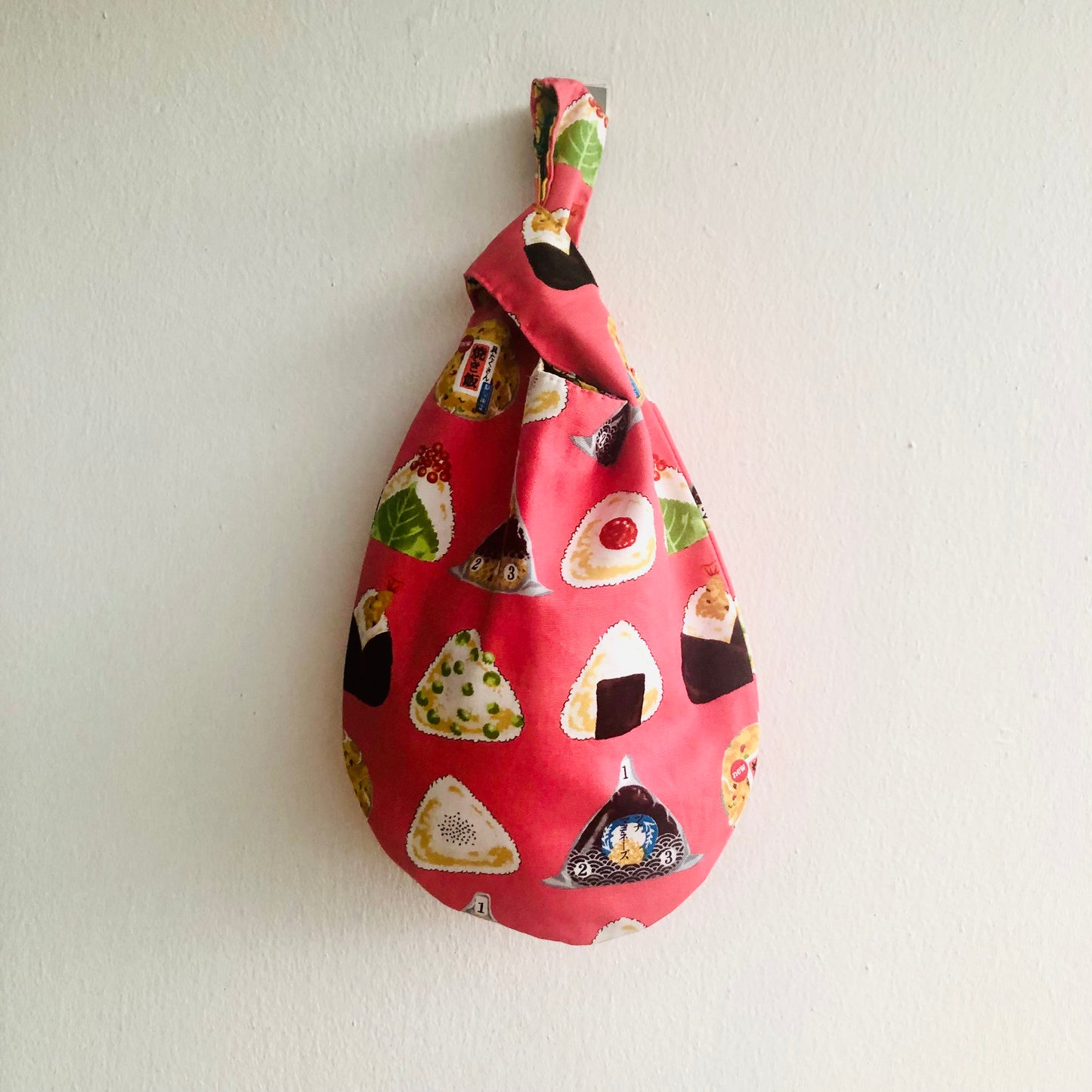 Small Japanese inspired bag , wrist knot fabric bag , reversible handmade cute bag | Onigiri