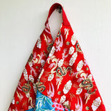 Shoulder bento bag , origami tote bag , colorful silkscreen print fabric | Red dragon in a lotus pond - Jiakuma
