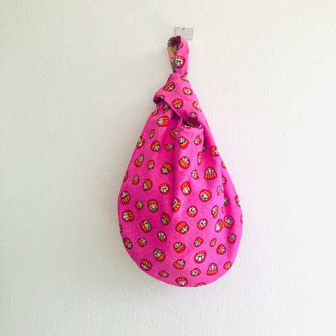 Small wrist Japanese inspired bag , knot fabric reversible bag | Darumas