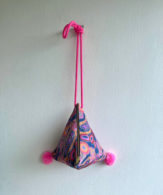 Origami dumpling bag , colorful fabric pom pom bag, small lunch bag , weekend cool bag | Aboriginal art - Jiakuma