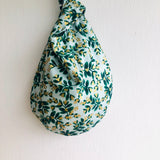 Small Japanese inspired knot bag , fabric wrist bag , reversible cute bag | Leaves and golden seeds