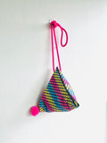 Origami triangle pom pom bag , cute small lunch bag , eco friendly colorful dumpling bag | Arcobaleno