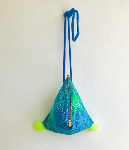 Colorful pom pom bag , shoulder origami triangle bag , fun eco friendly easy to carry bag | To the universe and beyond - Jiakuma