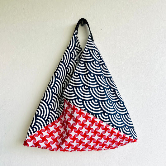 Origami tote bento , Japanese inspired bento bag , shoulder fabric eco friendly bag | Red tweed and waves - Jiakuma