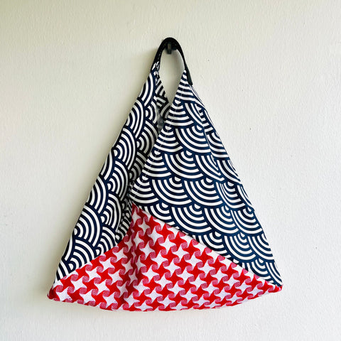 Origami tote bento , Japanese inspired bento bag , shoulder fabric eco friendly bag | Red tweed and waves