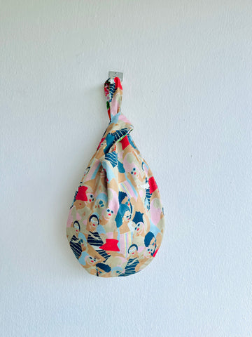 Origami knot bag , reversible fabric wrist bag , Japanese inspired small bag | Rimini