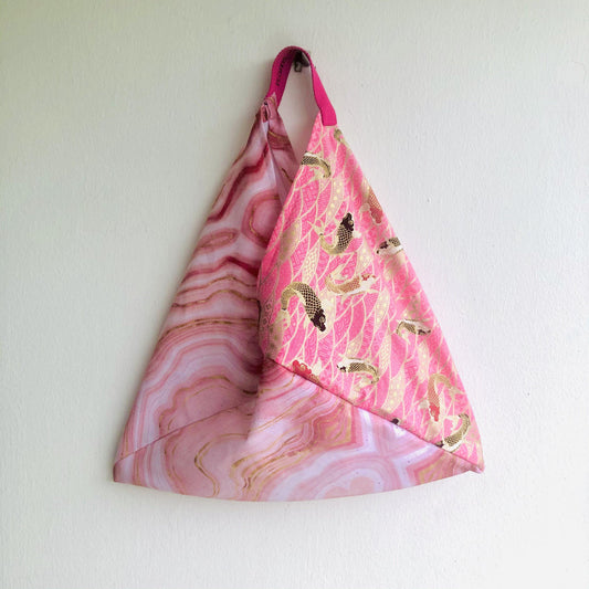 Origami bento bag , shoulder tote fabric bag , handmade eco colorful bag | koi fish swimming in a pink canyon with gold sparkles - Jiakuma
