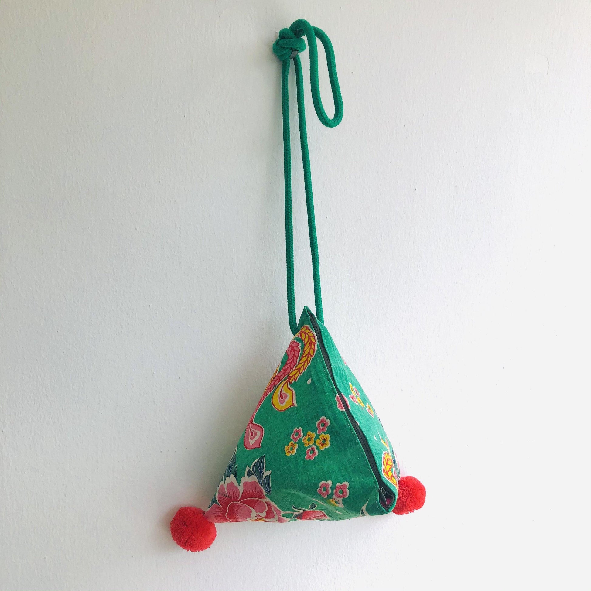 Handmade origami triangle bag , pom pom tote bag , Japanese inspired | Green Phoenix - Jiakuma