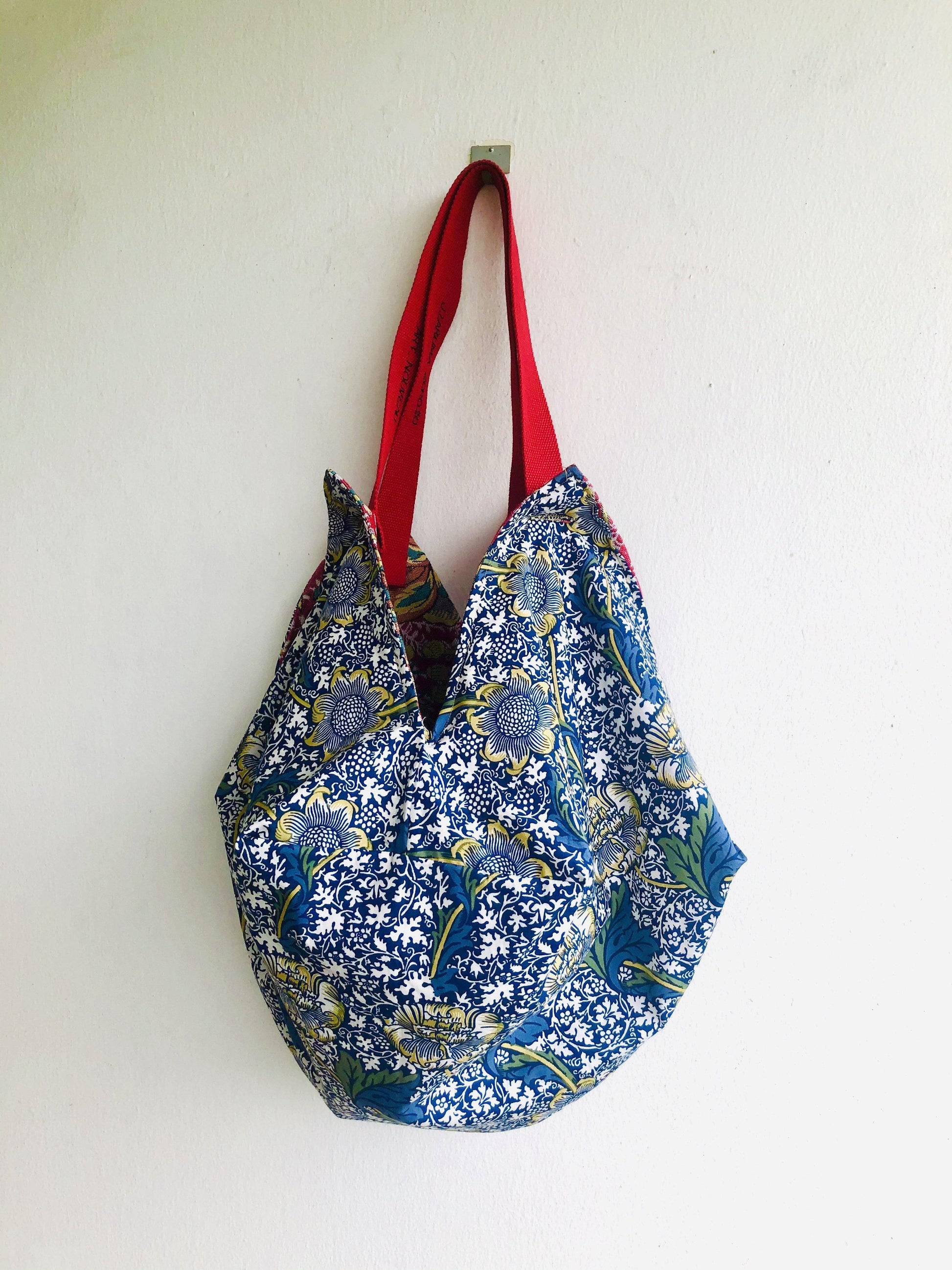 Shoulder sac bag , origami eco bag , reversible ooak octagonal bag | Red art nouveau garden - Jiakuma