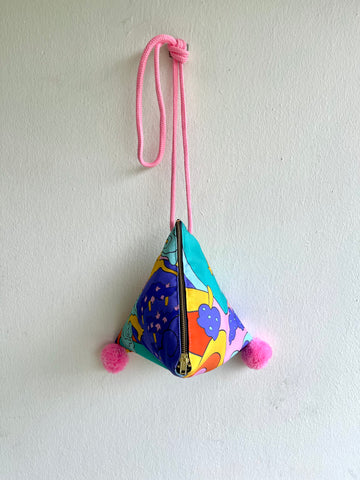 Origami Japanese inspired triangle dumpling bag , colorful fabric small bag , pom pom cute bag | Wonderland in Spring