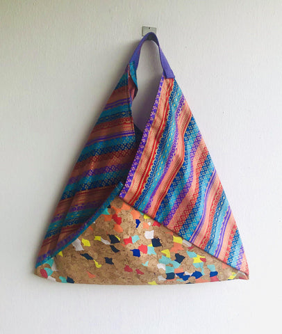 Colourful bento bag , origami tote shoulder bag , eco friendly cork bag | Thai colorful strips & confetti cork - Jiakuma